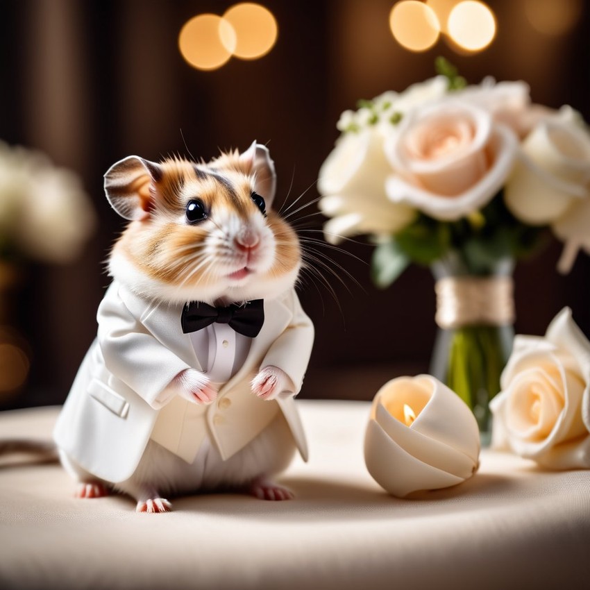 roborovski dwarf hamster in a beautiful wedding suit, capturing a cute and happy moment in a romantic environment.