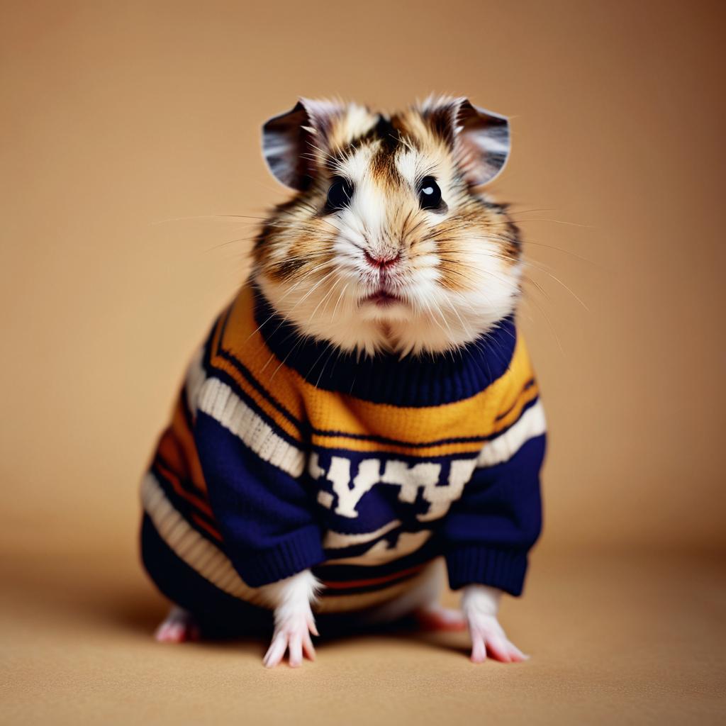 90s yearbook photo of roborovski dwarf hamster in a vintage sweater, full body, studio background.