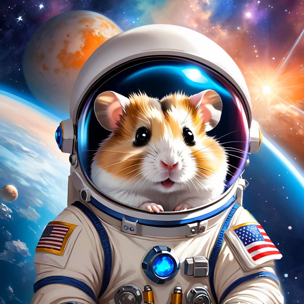 roborovski dwarf hamster as astronaut in space, ethereal and magical style, wearing spacesuit.