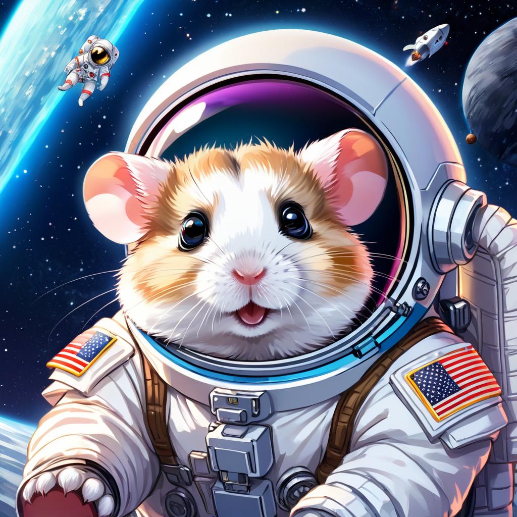 anime illustration of roborovski dwarf hamster as astronaut in space, wearing spacesuit, vibrant and detailed.