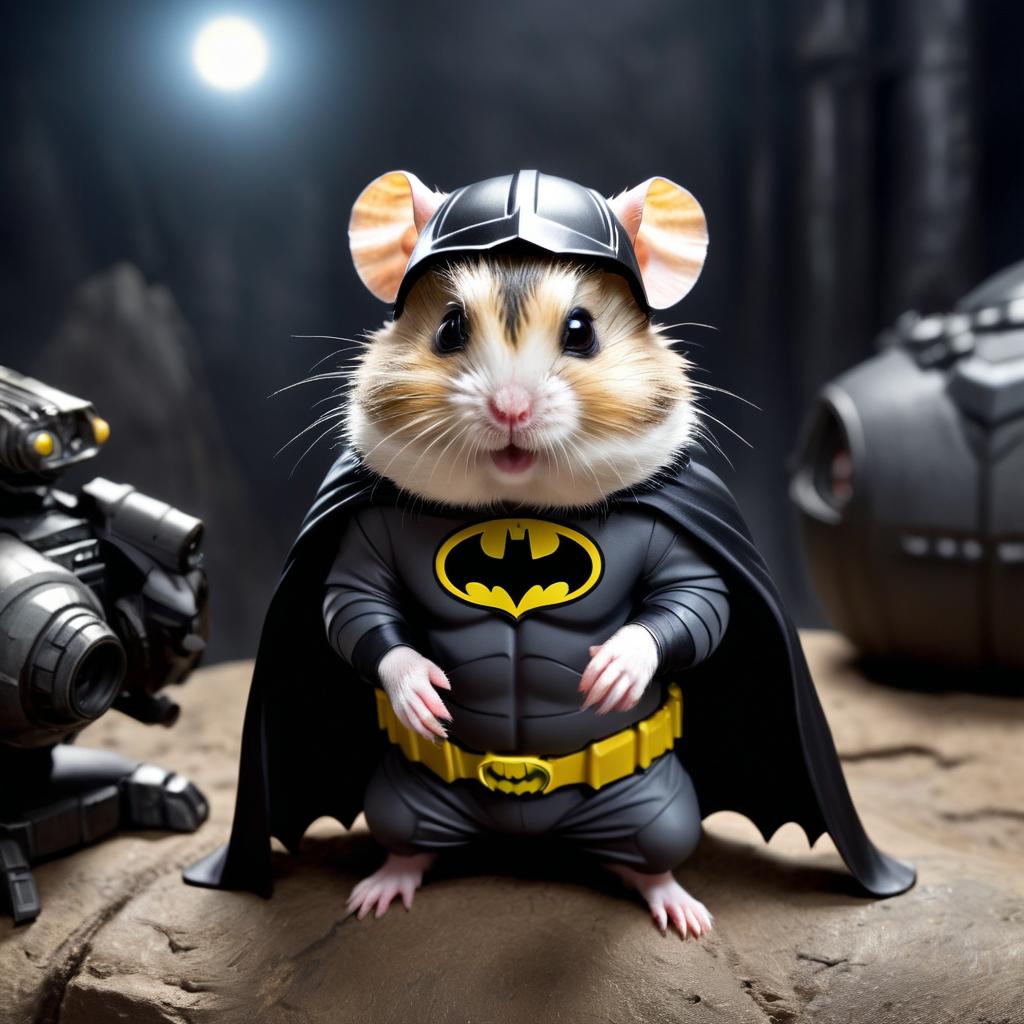 roborovski dwarf hamster as batman in batcave, wearing batman suit and mask, highly detailed.