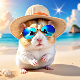 roborovski dwarf hamster on a beach with white sand and blue sea, wearing sunglasses and summer hat.