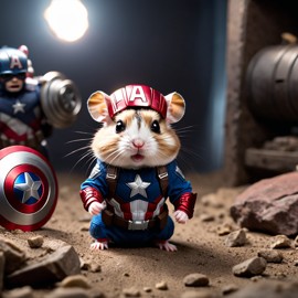 roborovski dwarf hamster as captain america from avengers, in action, cute and happy.