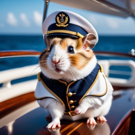 roborovski dwarf hamster as a captain on a luxury yacht, wearing captain uniform, against a blue sea.