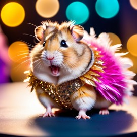 roborovski dwarf hamster strutting down the fashion show catwalk stage in a sparkling sequined dress with a feathered boa, high energy and dramatic.