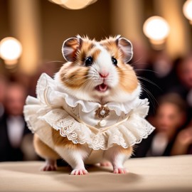 roborovski dwarf hamster strutting down the fashion show catwalk stage in a vintage victorian outfit with lace and ruffles, high energy and majestic.