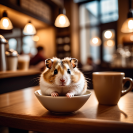 roborovski dwarf hamster sitting in a cozy coffee shop with a cup of coffee, detailed and vibrant.