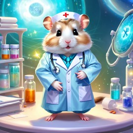 roborovski dwarf hamster as a doctor in a magical hospital setting, ethereal and dreamy with celestial details.