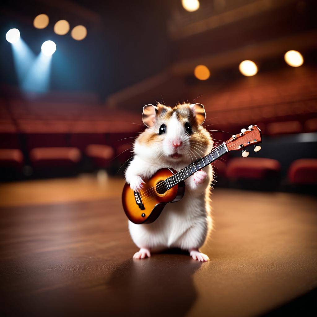 roborovski dwarf hamster as a musician playing guitar in a cinematic concert hall, capturing dynamic and high-energy performance.