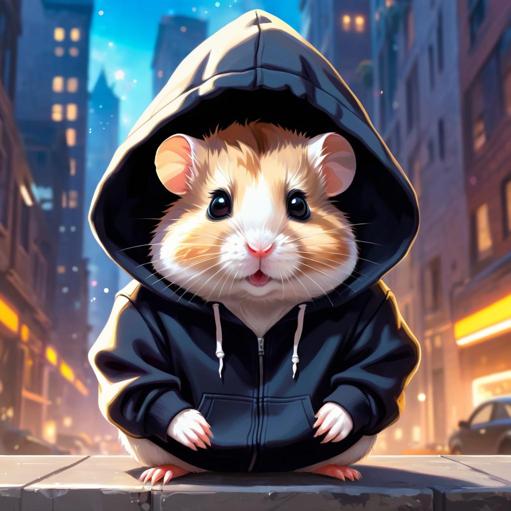 roborovski dwarf hamster in a black hoodie, set in a magical urban environment with a celestial and cute appearance.