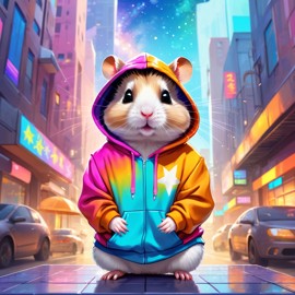 roborovski dwarf hamster in a colorful hoodie, with a magical urban background highlighting a cute and happy vibe.