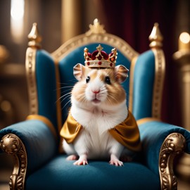 roborovski dwarf hamster as a king in a magical castle, wearing a crown and robe, seated on a throne.