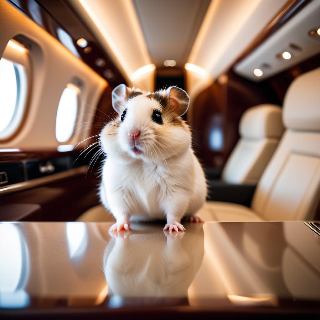 roborovski dwarf hamster in a gulfstream private jet, dressed in elegant clothing, capturing a posh and happy moment.