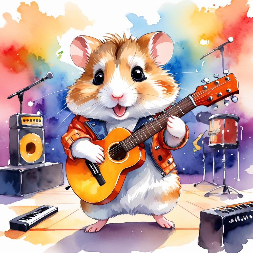 roborovski dwarf hamster as a musician in a watercolor painting, playing guitar in a vibrant and detailed concert hall scene.