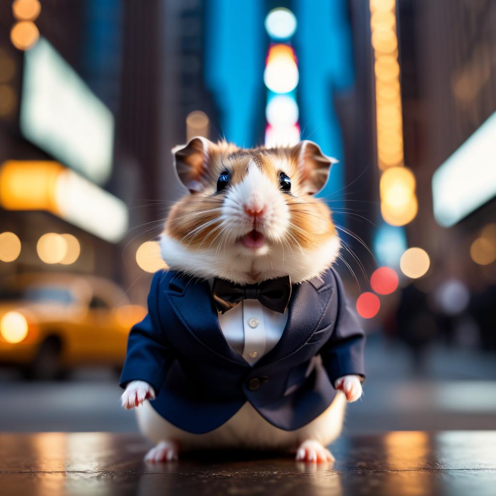 roborovski dwarf hamster in new york, dressed in classy clothing, against an iconic nyc backdrop with a cinematic, high-detail style.