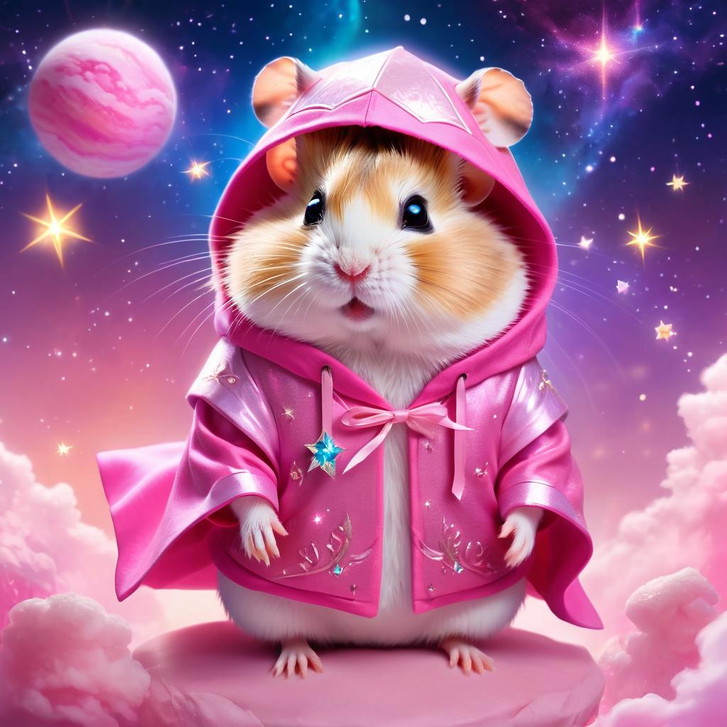 roborovski dwarf hamster in pink clothing, set in a beautiful pink scene with a dreamy, magical vibe.