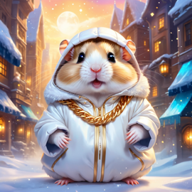 roborovski dwarf hamster in a white puffer coat with golden hip hop chains, in a posh urban environment, looking cute and happy.