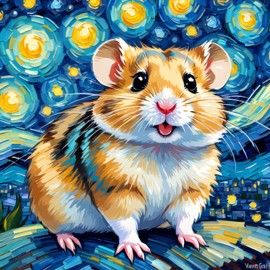 roborovski dwarf hamster by van gogh, featuring starry night brush strokes, capturing a cute and happy expression.