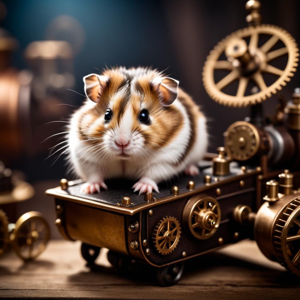 roborovski dwarf hamster in a steampunk style, happy, highly detailed, retro-futuristic, with a vintage aesthetic.