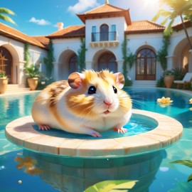 roborovski dwarf hamster suntanning next to a luxurious villa pool, capturing a posh and magical moment.