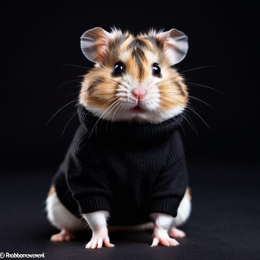 roborovski dwarf hamster in a black turtleneck, against a diffused background, looking cute and elegant.