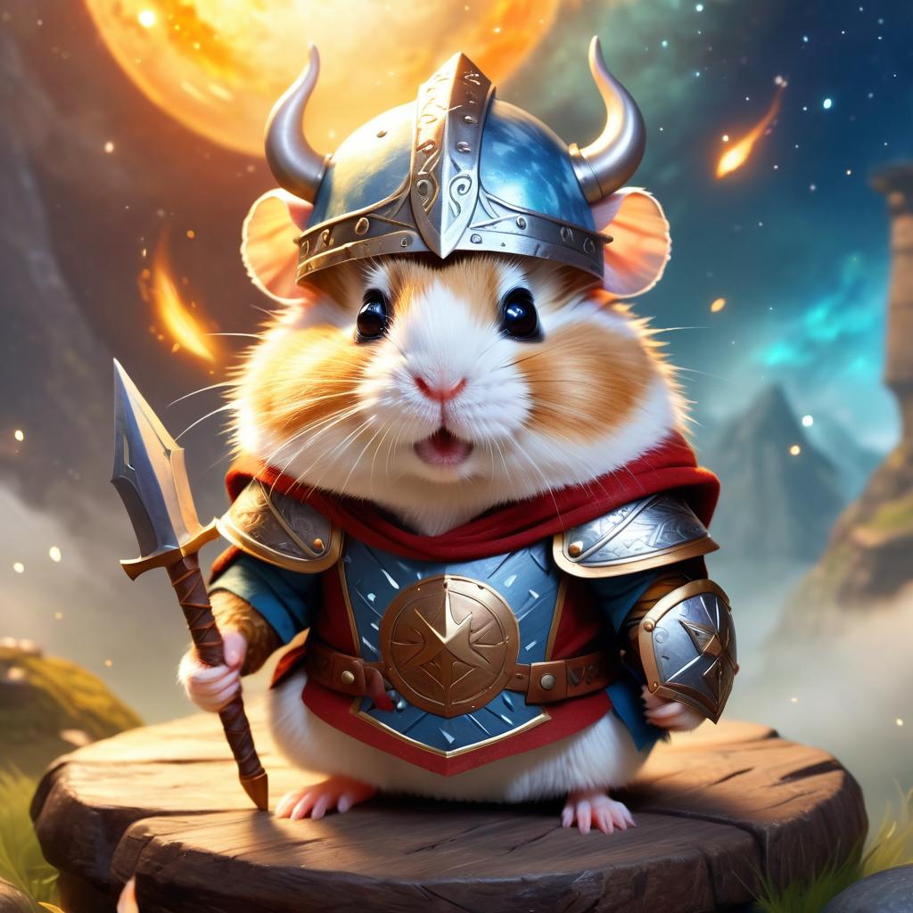 roborovski dwarf hamster as a viking, wearing traditional armor and helmet, in a magical viking environment.