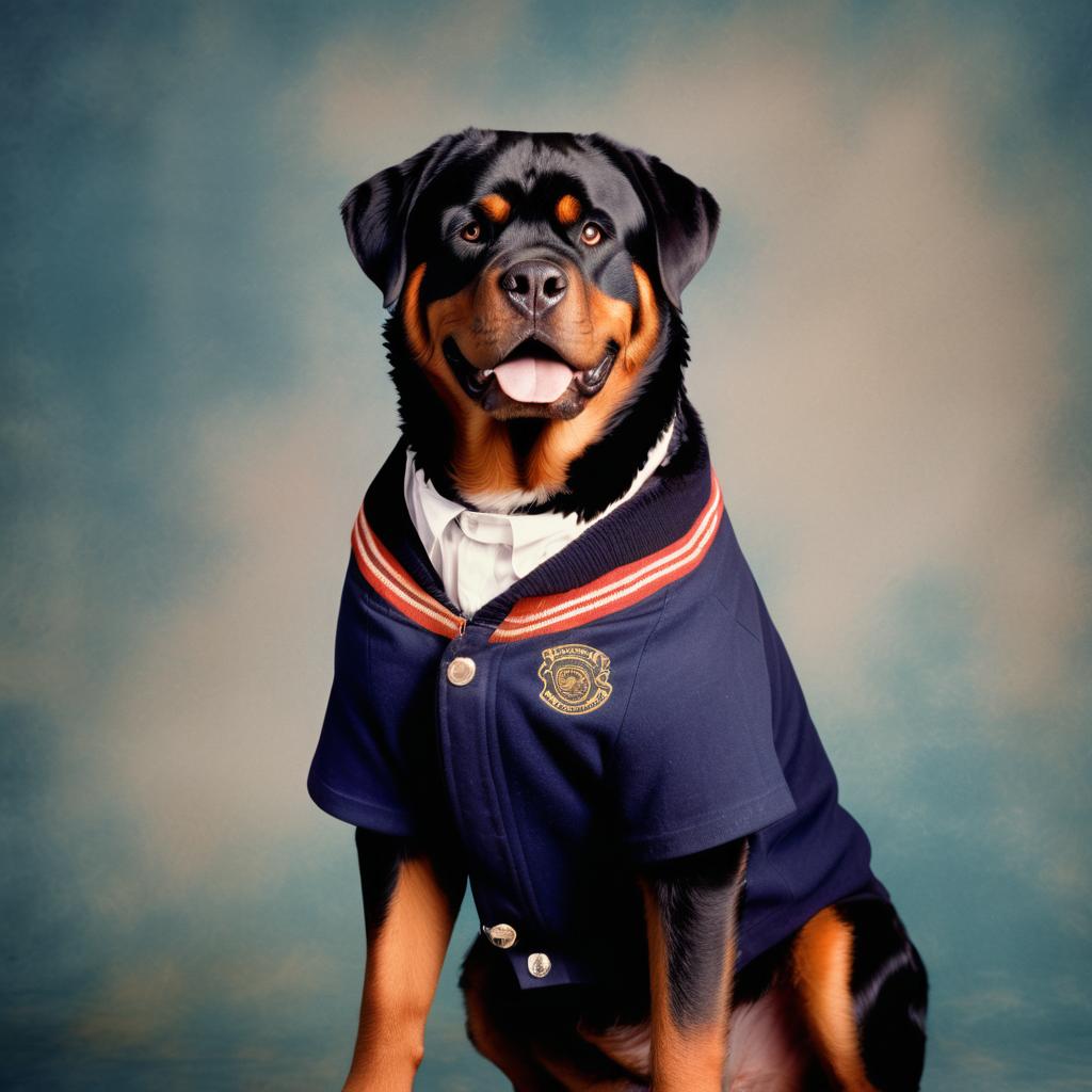 90s yearbook photo of rottweiler in old school clothing, full body, vintage background.