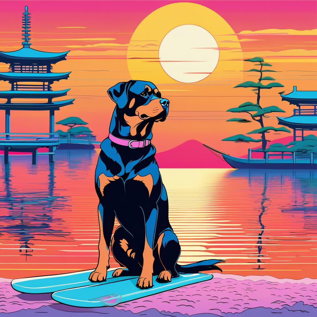 anime artwork of rottweiler in city pop style, retro vaporwave, night view, summer beach scene.