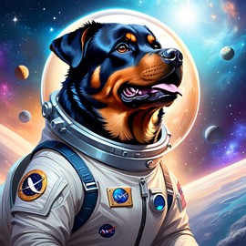 rottweiler as astronaut in space, ethereal and magical style, wearing spacesuit.