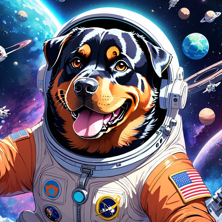 anime illustration of rottweiler as astronaut in space, wearing spacesuit, vibrant and detailed.