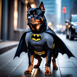 rottweiler as batman, wearing batman suit and mask, highly detailed and vibrant.