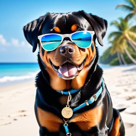 rottweiler on a beautiful beach with white sand and blue sea, wearing sunglasses.