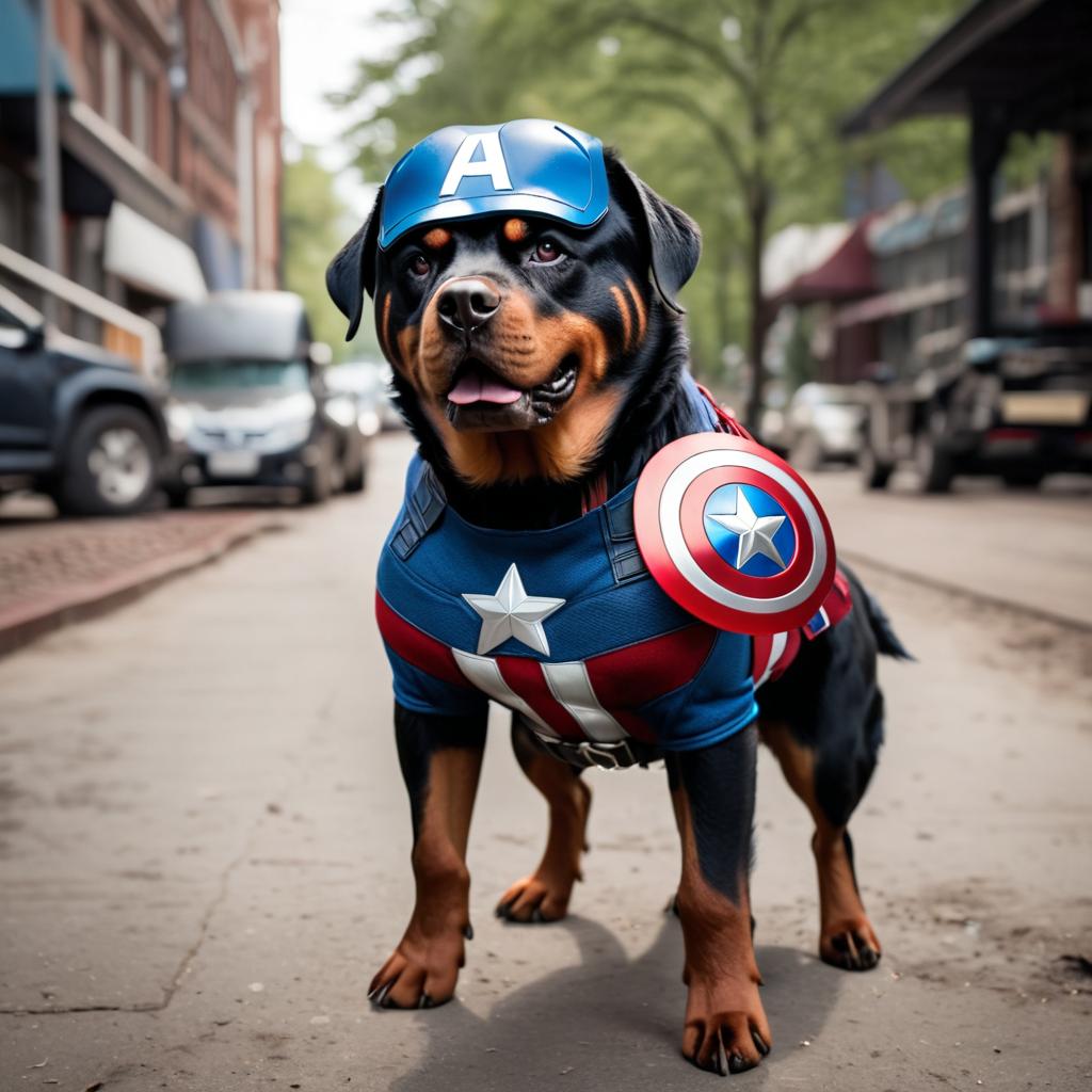 rottweiler as captain america from avengers, in action, cute and happy.