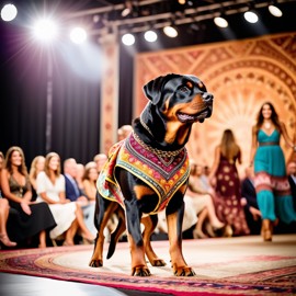 rottweiler strutting down the fashion show catwalk stage in a colorful bohemian outfit with flowing fabrics, high energy and joyful.