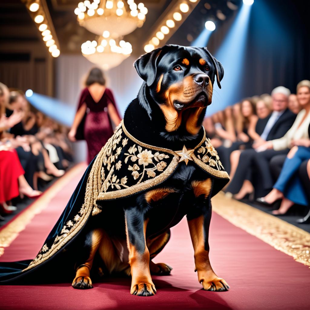 rottweiler strutting down the fashion show catwalk stage in a luxurious velvet cape with gold embroidery, high energy and majestic.