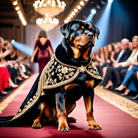 rottweiler strutting down the fashion show catwalk stage in a luxurious velvet cape with gold embroidery, high energy and majestic.