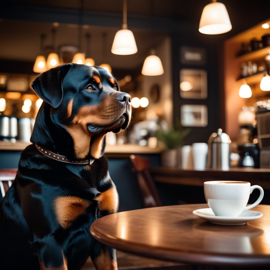 rottweiler sitting in a cozy coffee shop with a cup of coffee, detailed and vibrant.