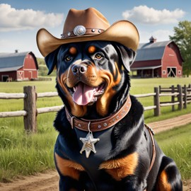 rottweiler as a cowboy wearing a hat, in the midwest countryside, on a farm.