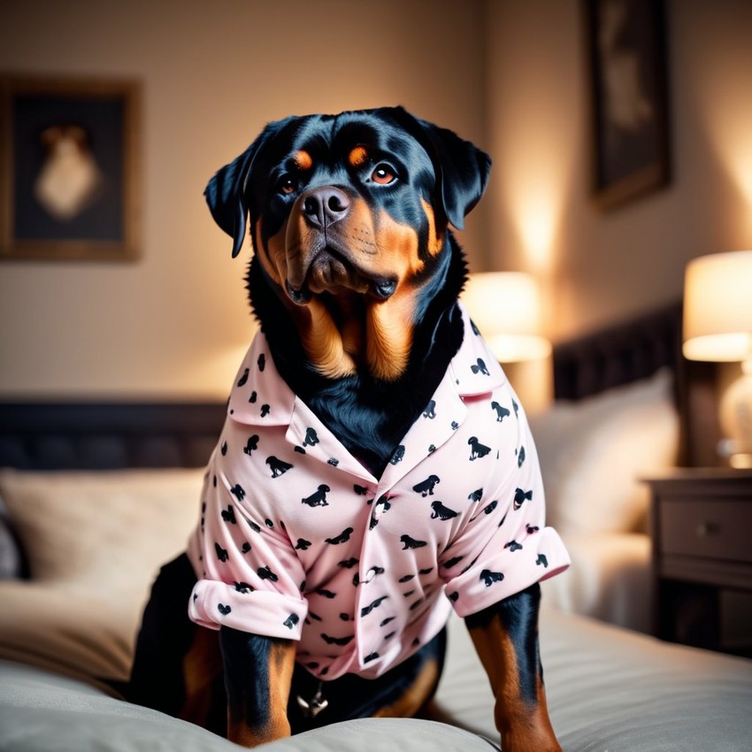 rottweiler in cute pyjamas, relaxing in a beautiful posh bedroom, highlighting happiness and coziness.