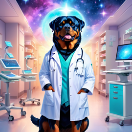 rottweiler as a doctor in a magical hospital setting, ethereal and dreamy with celestial details.