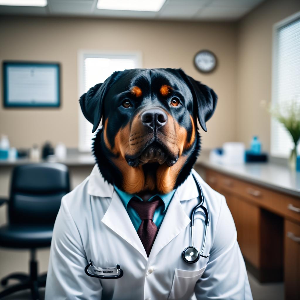 rottweiler as a doctor in an office, detailed and charming, with high budget, bokeh, and a moody atmosphere.