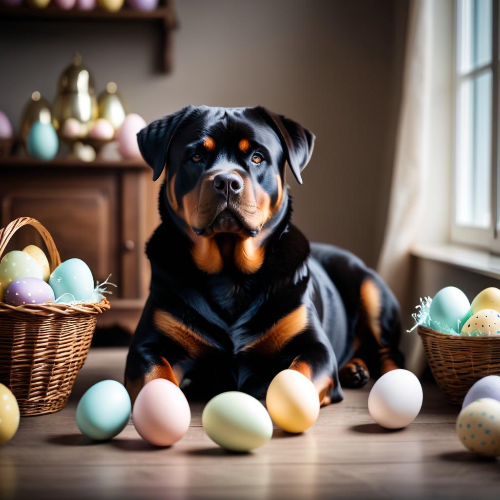 rottweiler in a beautiful easter setting with colorful eggs, highly detailed and charming.