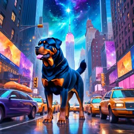 rottweiler in new york depicted in ethereal fantasy art, with a magical and celestial backdrop.