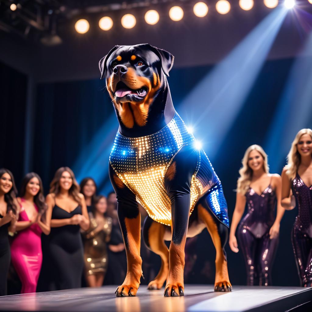 rottweiler strutting down the fashion show catwalk stage in a sleek metallic bodysuit with led accents, high energy and dramatic.