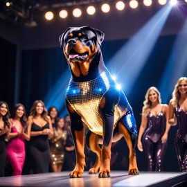 rottweiler strutting down the fashion show catwalk stage in a sleek metallic bodysuit with led accents, high energy and dramatic.