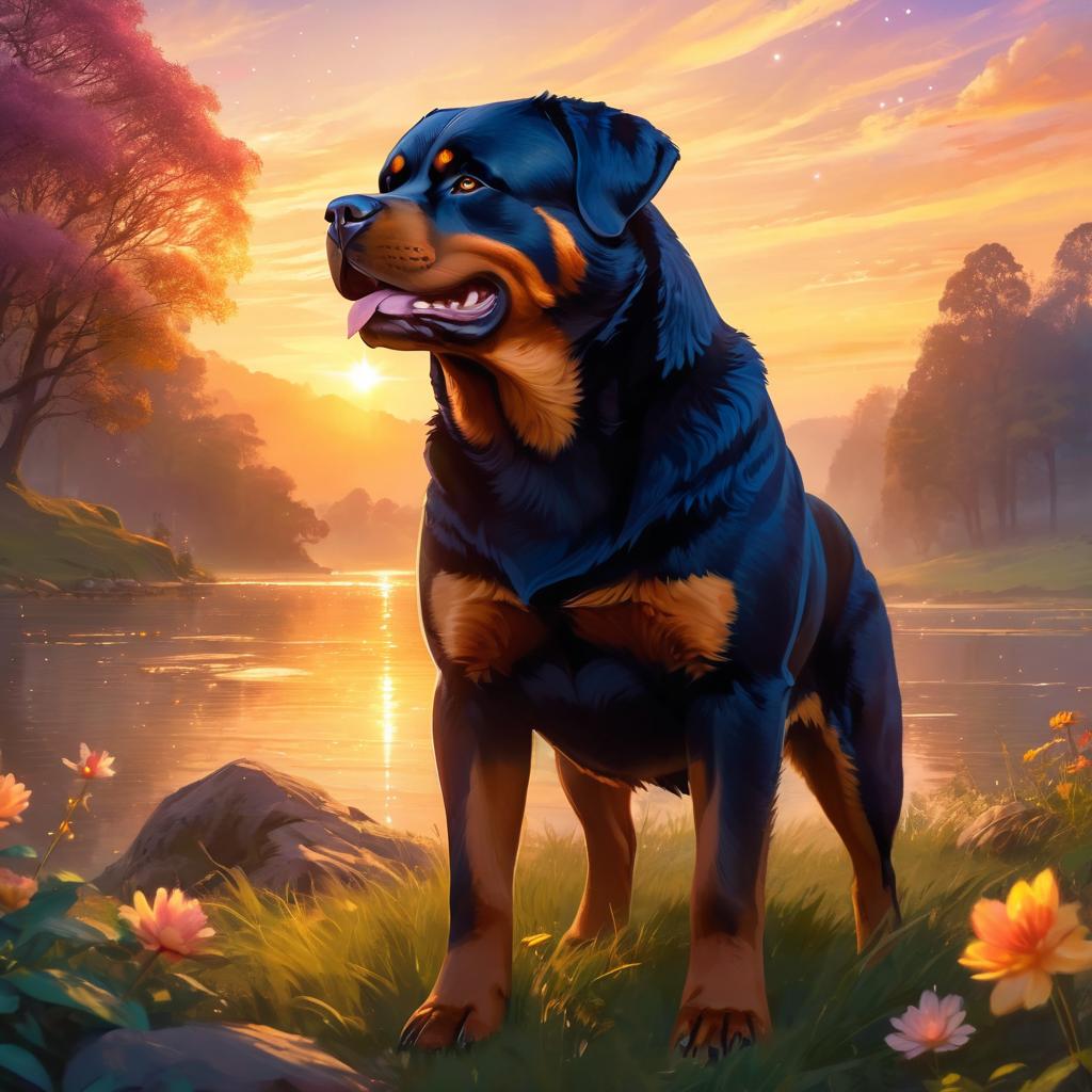 rottweiler during golden hour, with a celestial and magical atmosphere, capturing their beauty in a dreamy setting.