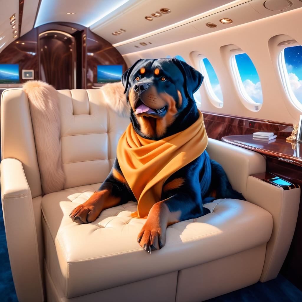 rottweiler in a gulfstream private jet, dressed in elegant clothing, capturing a posh and magical moment.