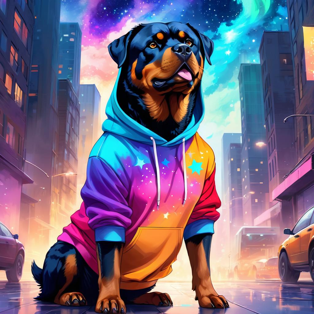 rottweiler in a colorful hoodie, with a magical urban background highlighting a cute and happy vibe.