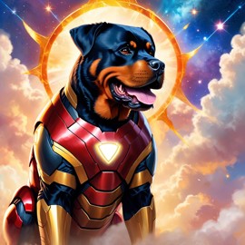 rottweiler as iron man, showcasing a celestial, painterly style with a magical iron man costume.