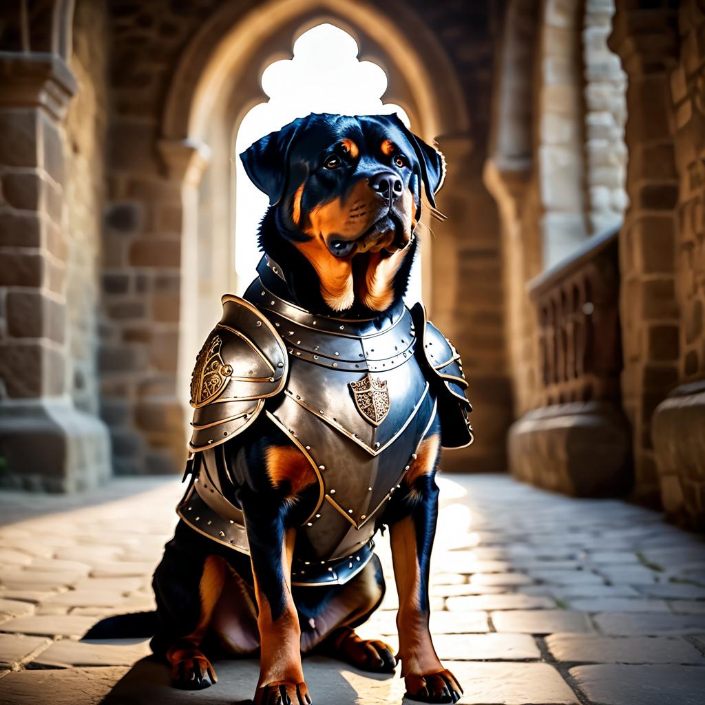 rottweiler as a medieval knight in a cinematic film still, detailed armor, set in a grand medieval castle.